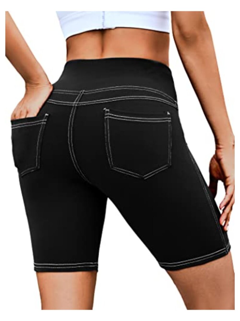High Waisted Jean Look Biker Shorts with Pockets Squat Proof